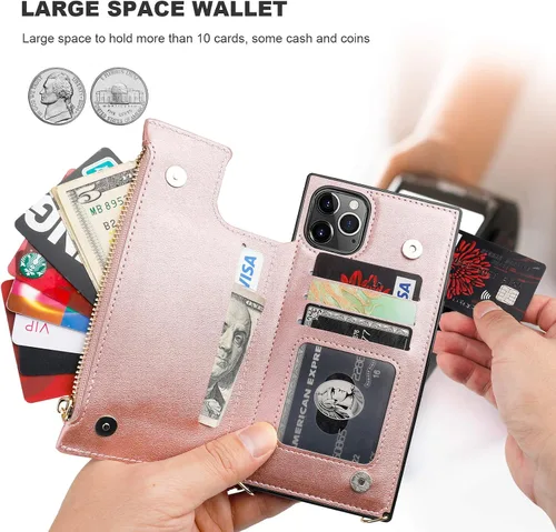 Miniatura 4 de Bocasal Funda tipo cartera cruzada para iPhone 11 Pro Max con tarjetero, protector de ranura para tarjetas con cremallera, a prueba de golpes