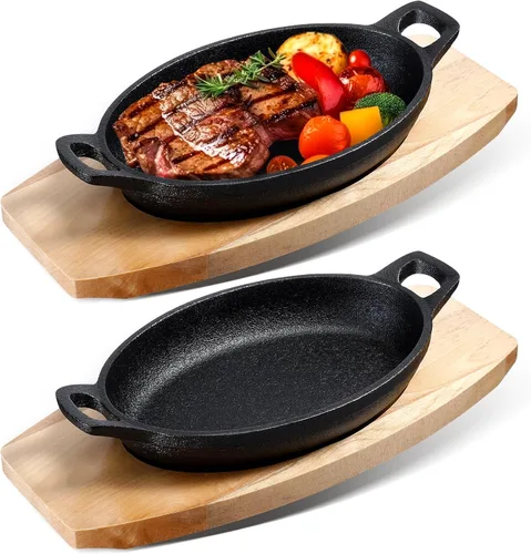 Mifoci 2 piezas de mini sartén de hierro fundido con base de madera, pequeños platos de fajita de hierro fundido, sartén para panadero, olla negra