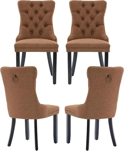 Miniatura 58 de Juego de 2 sillas de comedor de terciopelo, silla de comedor tapizada de alta gama con tirador de anillo en la espalda, adorno de clavos y patas