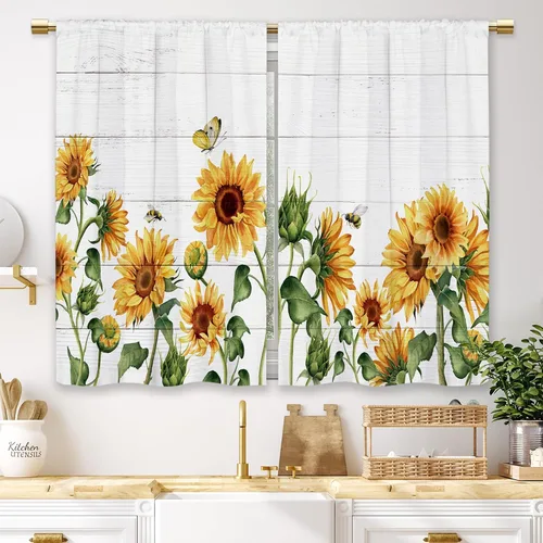 Cortinas de cocina florales de girasol para granja (26 x 24 pulgadas, 2 unidades, rústico, bolsillo para barra, primavera, poliéster, sin forro,