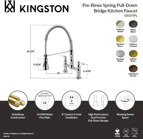 Miniatura 3 de Kingston Brass GS1273PL Heritage - Grifo de cocina con rociador extraíble, latón antiguo, 13.88 x 10 x 18.75 pulgadas