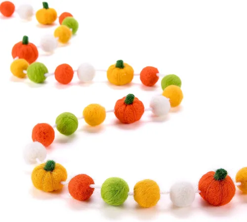 Guirnalda de bolas de fieltro de calabaza para decoración de otoño de Acción de Gracias, colorido fieltro de calabaza con pompón para decoración del