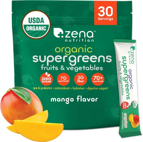 Zena Nutrition Polvo de Súper Verdes Orgánico, 70+ Superalimentos, 0 Azúcar, 3G de Fibra, Espirulina, Chlorella, Hongos, Prebióticos/Probióticos,