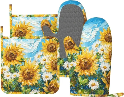 Miniatura 25 de Manoplas de horno y agarradores de ollas de mármol blanco y oro de silicona, accesorios de cocina de 4 piezas, guantes largos resistentes al calor