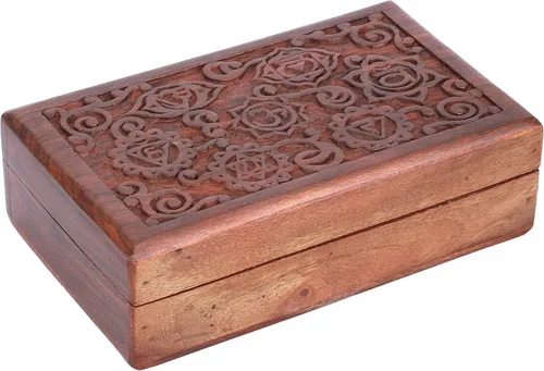 Miniatura 9 de Ajuny Joyero decorativo de madera de recuerdo de 8 pulgadas - Caja de tallado de 7 chakras para joyas, monedas, cartas de tarot, organizador