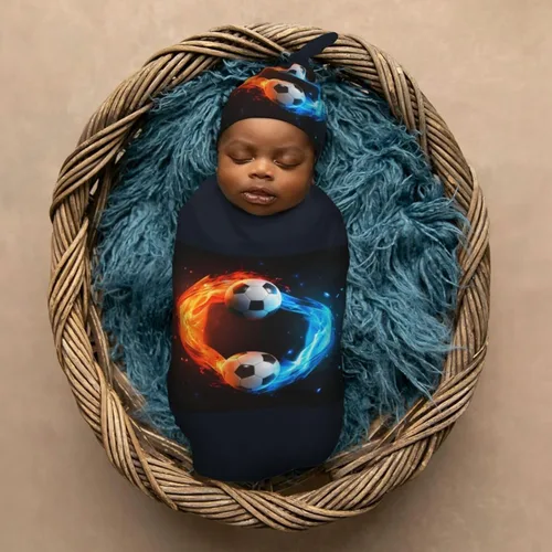 Miniatura 6 de Manta para envolver con pelota de fútbol para recién nacido, con juego de gorro, saco de dormir suave para bebé, elástico y ajustable, mantas