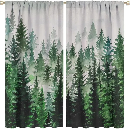 Miniatura 4 de BAEKJIN Cortinas verdes de bosque brumoso, acuarela, naturaleza, paisaje, plantas, árbol, bolsillo para barra, opacas, tratamiento de ventana