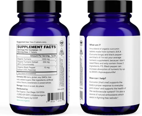 Miniatura 4 de Ora Organic Curcumina de cúrcuma con piperina, extractos puros para el estrés articular y la salud cardiovascular, apoya la función cognitiva