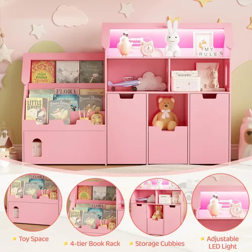 Miniatura 5 de Vabches Organizador de almacenamiento de juguetes de 70 pulgadas, estantería para niños en forma de castillo con 2 cajones extraíbles, 2 gabinetes