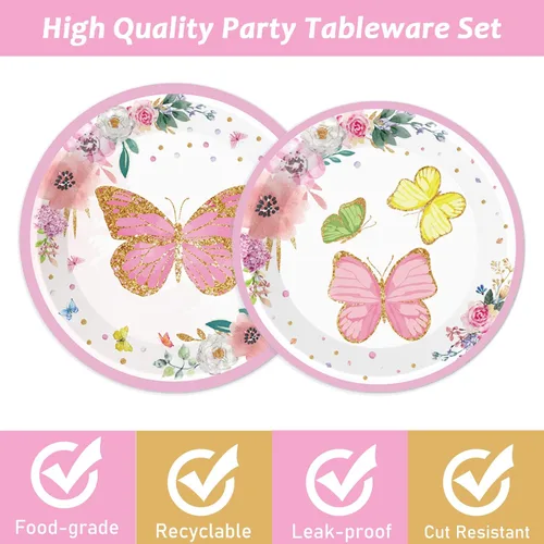 Miniatura 4 de Juego de vajilla de fiesta de mariposa para 24 invitados, diseño floral de mariposa, primavera, fiesta de cumpleaños, platos de papel, servilletas