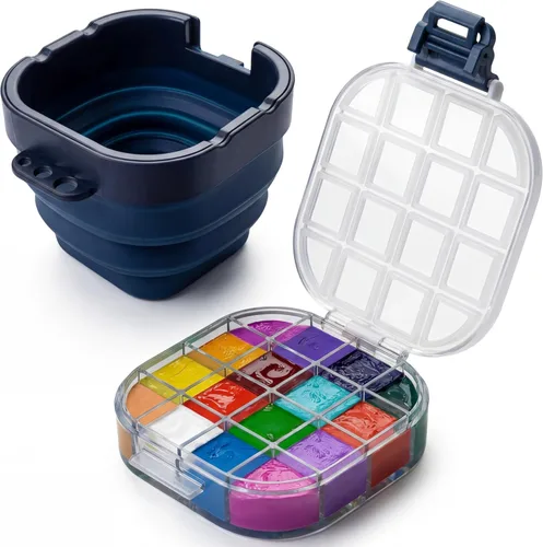 DUGATO Caja de paleta hermética de acuarela (16 pozos) con tapa y lavabo plegable para pinceles, ahorrador de pintura portátil para acrílico, Azul