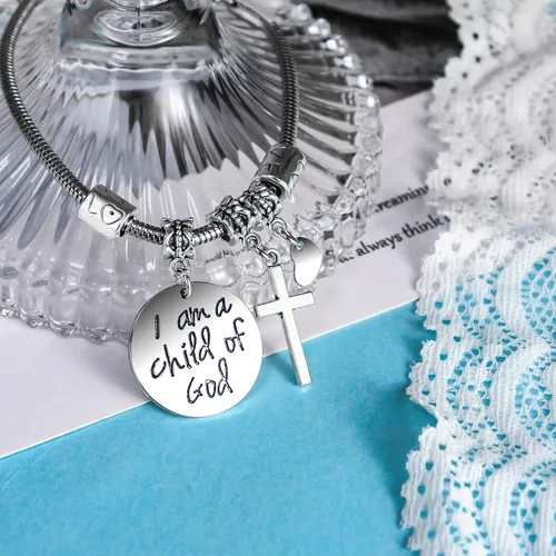 Miniatura 2 de COLORFUL BLING Pulsera trenzada hecha a mano de acero inoxidable con cruz negra y roja de acero inoxidable con texto en inglés "Faith Hope", joyería