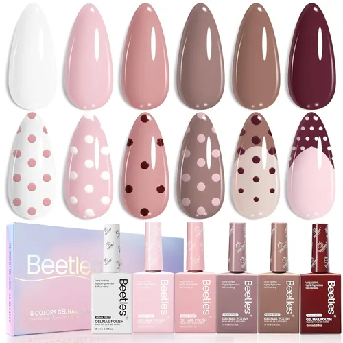 Beetles - Juego de esmaltes de uñas de gel neutro, 6 colores libres de hema, color nude, rosa y marrón, gel de botella del mismo color, gel de uñas