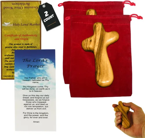 Holy Land Market Cruz de comodidad/sujeción también conocida como cruz de palma o mano con bolsa de terciopelo y dos certificados (4 pulgadas) (2)