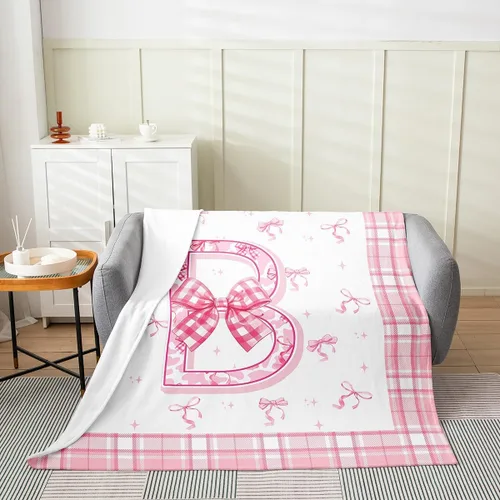 Miniatura 2 de Erosebridal Manta de franela con inicial de letra B, manta de forro polar con lazo rosa, 40 x 50 pulgadas, bonitos lazos del alfabeto, manta