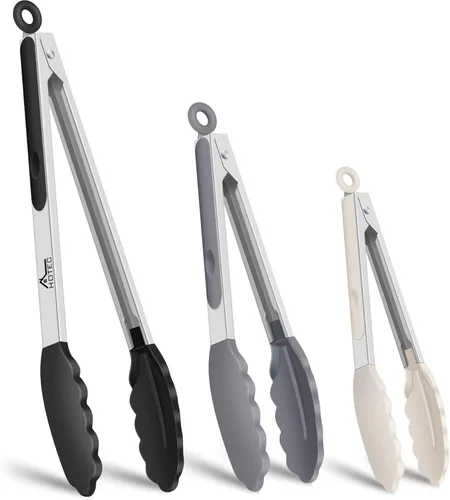 Miniatura 20 de HOTEC Pinzas de Cocina Premium de Acero Inoxidable con Bloqueo con Puntas de Silicona, Juego de 2-9" y 12" Gris Claro Paquete de 2: gris claro