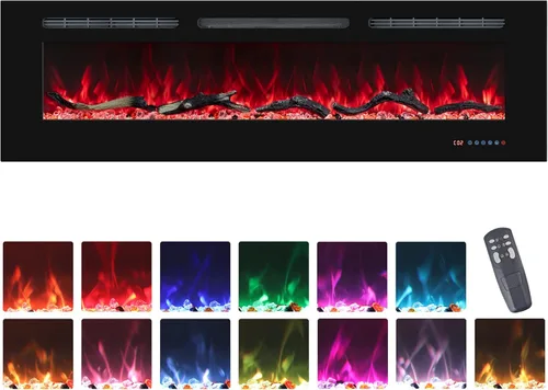 Chimeneas eléctricas de 65 pulgadas, calentador de chimenea empotrado y montado en la pared con termostato, llamas multicolores, temporizador,