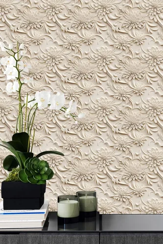Miniatura 18 de Papel tapiz floral 3D para despegar y pegar, efecto visual 3D, 17.7"x78.7" pulgadas, autoadhesivo, extraíble, flor marrón amarillento, papel tapiz