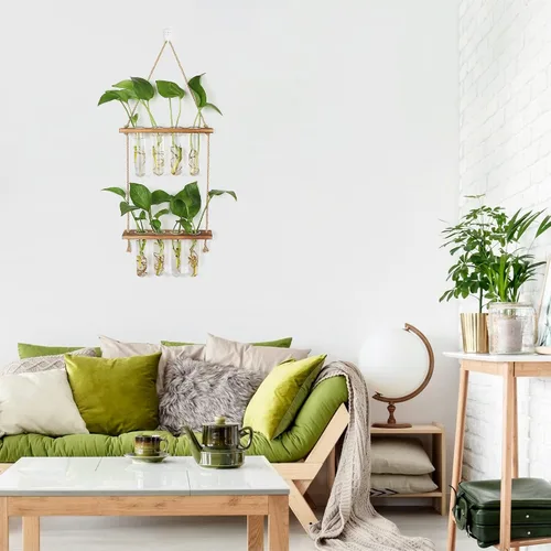 Miniatura 7 de Hyindoor Maceta Colgante de Pared Terrario Jarrón de Vidrio de 2 Niveles con Tubos de Ensayo, Estación de Propagación de Plantas, Colgadores