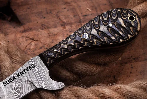 Miniatura 4 de Cuchillo Cortador de Toro de Acero Damasco Hecho a Mano, Cuchillo de Hoja Fija Vaquero, Mango de Madera, Cuchillo EDC Funda de Cuero PANCAKE Regalo