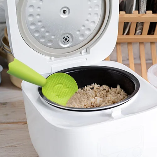 Miniatura 8 de Cuchara de arroz Bonita espátula para servir arroz con cara sonriente Paleta de arroz antiadherente con mango largo, soporte para servir arroz