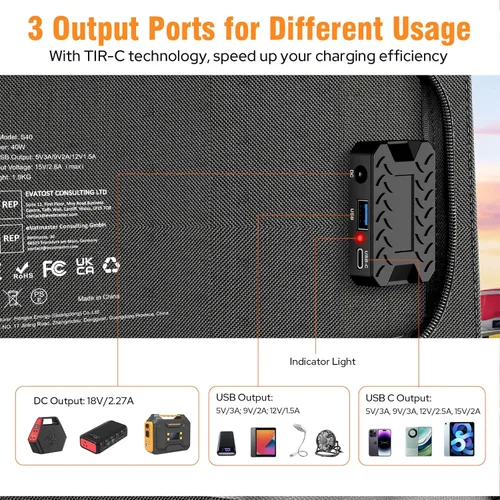 Miniatura 7 de Cargador de Panel Solar Portátil de 40W, Panel Solar Plegable para Estación de Energía Portátil, iPhone, iPad, Laptop, Paneles Solares de Camping