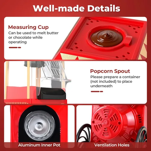 Miniatura 8 de COSTWAY - Máquina de palomitas de aire caliente retro 1200W, sin aceite y sin grasa, hace 12 tazas, máquina de palomitas de pie con taza medidora