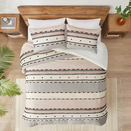 Miniatura 4 de Hyde Lane Juego de edredón bohemio tamaño Queen, ropa de cama moderna tamaño Full estilo casa de campo, parte superior de algodón con rayas jacquard