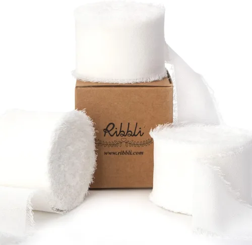Ribbli Cinta de gasa blanca – 1.5 pulgadas x 30 yardas, seda hecha a mano, gasa con flecos para invitaciones de boda, envoltura de regalos, ramos de