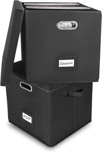 Miniatura 10 de ZEDKEHO Juego de 2 cajas de almacenamiento de discos de vinilo - Almacenamiento de álbumes con capacidad para más de 100 discos individuales, caja