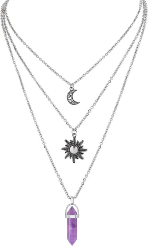 Miniatura 13 de Collar gótico de sol y luna para mujer, collares con colgante de cristal, accesorios Y2K, collar de luna creciente en capas para mujer, collar