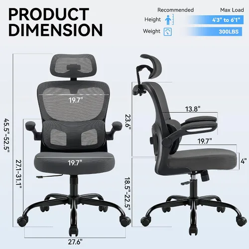Miniatura 2 de AreShark Silla de Oficina Ergonómica con Soporte Lumbar Ajustable y Gancho para Cabezal, Silla de Malla Respirable de Respaldo Alto con Ruedas
