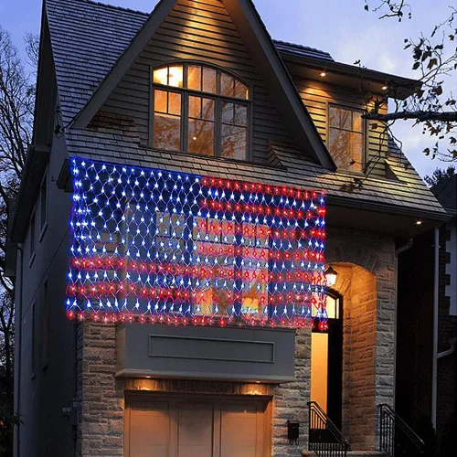Miniatura 7 de Luces solares de bandera estadounidense, 420 luces LED impermeables de red de bandera estadounidense, decoraciones del día de la independencia, 8
