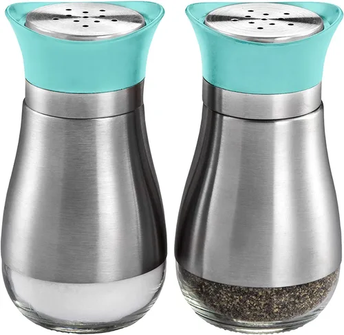 MITBAK Salero y pimentero (juego de 2 piezas) moderno de acero inoxidable con fondo de vidrio transparente | Uso compacto para cocina, cocina y