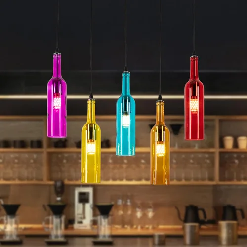 Miniatura 8 de Lámpara de techo industrial retro creativa con 5 luces para botella de vidrio, iluminación colgante de botella de vino de colores para cafetería