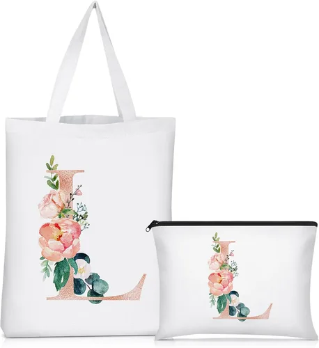 Miniatura 18 de Sanwuta 2 bolsas de lona con inicial, diseño floral con letras florales, bolsas de cosméticos de viaje, bolsas con monograma para mujer, mujer