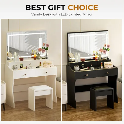 Miniatura 8 de COMHOMA Vanity Desk with LED Lights Mirror & Power Outlet, Small Makeup Vanity Table Set with 5 Storage Drawers, 3 Lighting Modes & Adjustable