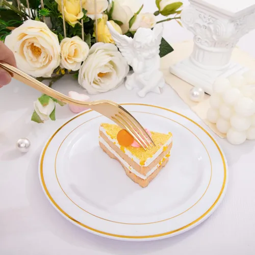 Miniatura 6 de Nervure 140 platos de plástico dorado festoneado y cubiertos de plástico dorado con mango blanco: 40 platos, 20 tazas, 20 tenedores, 20 cuchillos