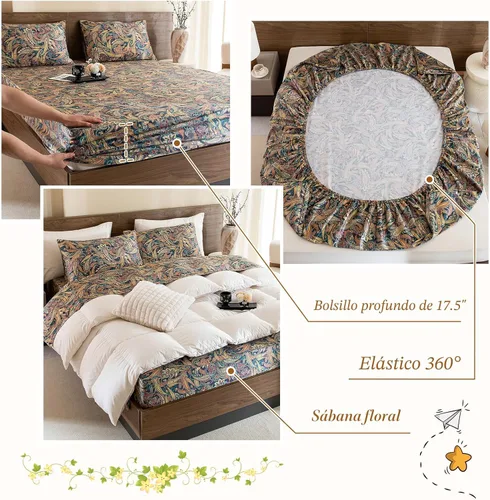 Miniatura 7 de Lady Ann Sábanas de cama tamaño Queen, juego de sábanas de algodón egipcio 100% con patrón estampado de flores Paisley, juego de ropa de cama de 4