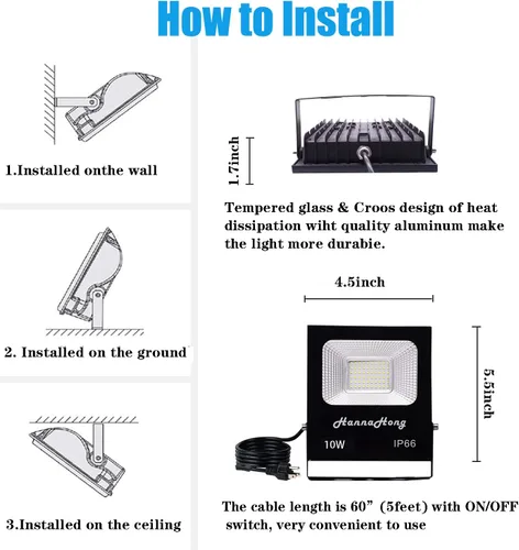 Miniatura 3 de Luz de inundación LED de 10 W con interruptor de encendido/apagado, luz blanca fría, luz de seguridad/trabajo/planta de cultivo al aire libre, IP66