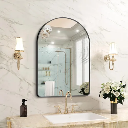 Miniatura 12 de FORBATH Espejo de baño arqueado de 16 x 24 pulgadas, espejo de baño negro montado en la pared, moderno marco de aleación de aluminio, espejo de arco