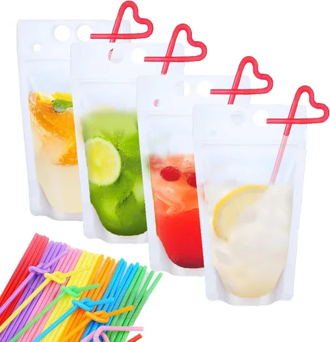 20 bolsas de bebidas con 20 popotes de plástico desechables, bolsas de jugo translúcidas con cierre de cremallera esmeriladas para adultos y