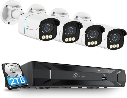 Loocam Sistema de cámara POE 4K visión nocturna a color, 8CH H.265+ NVR sistema de cámara de seguridad 24/7 grabación con disco duro de 2 TB, cámara