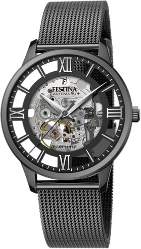 Festina Esqueleto automático para hombre, pulsera de malla negra, esfera negra F205351, Reloj mecánico, automático