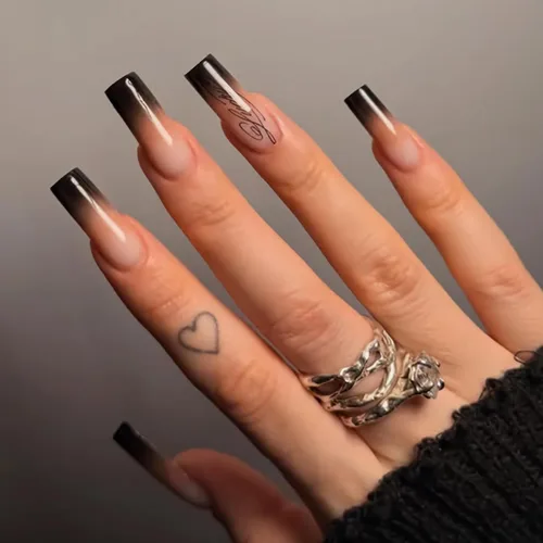 Miniatura 12 de MISUD Uñas a presión – Uñas cuadradas largas con pegamento rosa y negro, acrílico Y2K diseño de dijes de 24 piezas