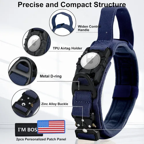 Miniatura 3 de AirTag - Collar táctico para perros grandes y medianos, collar de perro con asa, collar militar resistente con hebilla de metal para perros machos