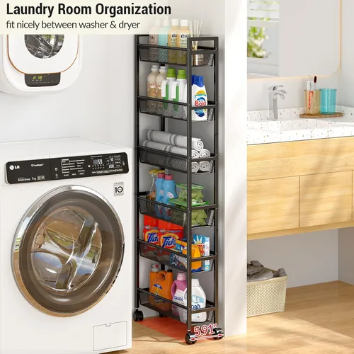 Miniatura 4 de ThreeHio Carrito de almacenamiento delgado de 6 niveles, carrito estrecho con ruedas, estantería móvil de metal para cocina, baño, lavandería, sala
