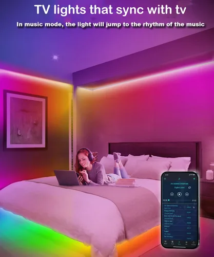 Miniatura 3 de Tira de luces LED para dormitorio de 33 pies, luces LED IC-RGB para habitación con control remoto de aplicación Bluetooth, tira de luz LED USB