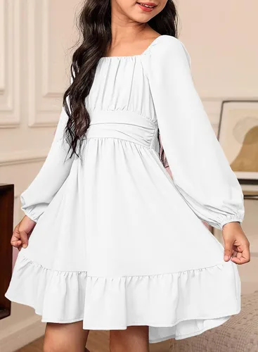 Miniatura 4 de blibean - Vestido de manga larga con lazo en la espalda para niñas y preadolescentes, vestido de otoño con hombros descubiertos, tallas para 6-15