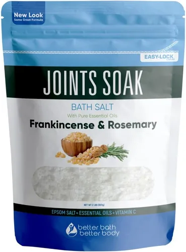 Joints - Sal de baño de 32 onzas de sal de Epsom con aceites esenciales de romero, incienso y menta naturales, más vitamina C en bolsa sin BPA con
